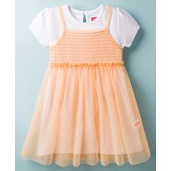 Babyhug Nylon Knit Frock with Inner Tee, Half Sleeves, Round Neck, Smocked Bodice Peach 9-12 Months