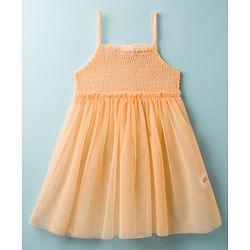 Babyhug Nylon Knit Frock with Inner Tee, Half Sleeves, Round Neck, Smocked Bodice Peach 9-12 Months