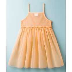 Babyhug Nylon Knit Frock with Inner Tee, Half Sleeves, Round Neck, Smocked Bodice Peach 9-12 Months
