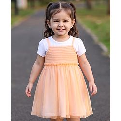 Babyhug Nylon Knit Frock with Inner Tee, Half Sleeves, Round Neck, Smocked Bodice Peach 9-12 Months