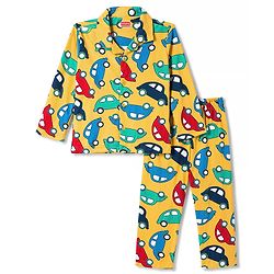 Babyhug 100% Cotton Knit Full Sleeves Shirt & Pyjama Night Suit with Cars Print - Yellow