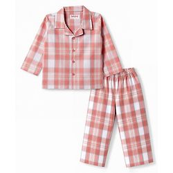 Babyhug Cotton Woven Full Sleeves Checked Co-Ords Shirt & Pyjama Night Suit - Coral