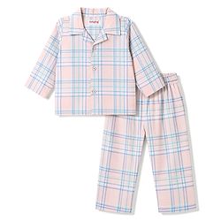 Babyhug Cotton Knit Full Sleeves Shirt & Pyjama Night Suit with Checks - Peach & Blue