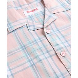 Babyhug Cotton Knit Full Sleeves Shirt & Pyjama Night Suit with Checks - Peach & Blue