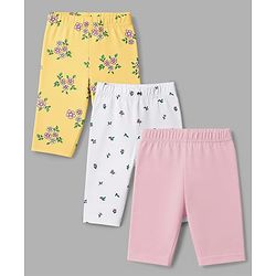 Babyhug Cotton Knit Three Fourth Leggings & Pants With Floral Print Pack of 3 - Pink Yellow & White