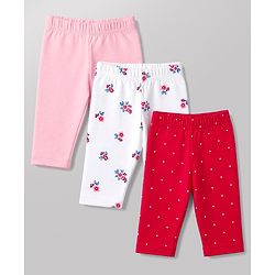 Babyhug Cotton Knit Three Fourth Leggings With Polka Dot & Floral Print Pack of 3 - Red White & Pink