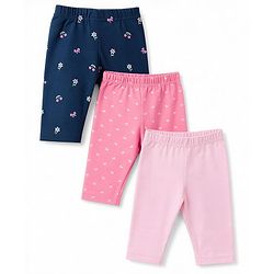 Babyhug Cotton Knit Three Fourth Leggings With Floral & Berry Print Pack of 3 - Navy & Pink