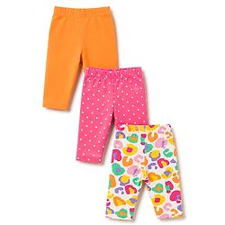 Babyhug Cotton Knit Knee Length Floral Printed Three Fourth Leggings Pack Of 3 - Red Mustard & White