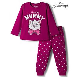 Babyhug Disney Single Jersey Knit Full Sleeves T-Shirt & Pyjama Night Suit With Polka Dots & Marie Graphics - Dark Pink