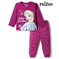 Babyhug Disney Single Jersey Knit Full Sleeves T-Shirt & Pyjama Night Suit with Elsa Graphics - Purple