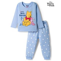 Babyhug Single Jersey Knit Full Sleeves T-Shirt & Pyjama Night Suit With Polka Dots & Winnie The Pooh Graphics - Blue