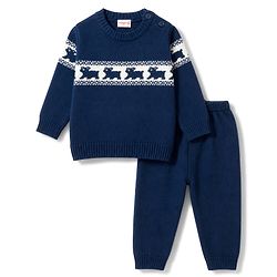 Babyhug Knit Full Sleeves Sweater Set With Animal Design - Navy Blue