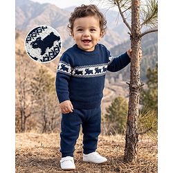 Babyhug Knit Full Sleeves Sweater Set With Animal Design - Navy Blue