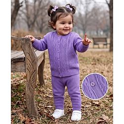 Babyhug Knit Full Sleeves Sweater Set with Cable Knit Design - Purple