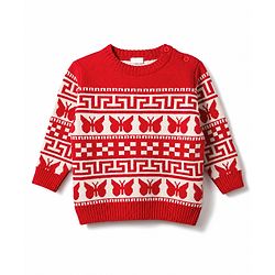 Babyhug Knit Full Sleeves Sweater Set With Butterfly Design - White & Red