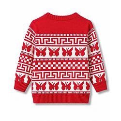 Babyhug Knit Full Sleeves Sweater Set With Butterfly Design - White & Red