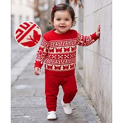 Babyhug Knit Full Sleeves Sweater Set With Butterfly Design - White & Red
