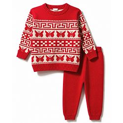 Babyhug Knit Full Sleeves Sweater Set With Butterfly Design - White & Red