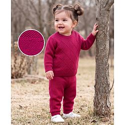 Babyhug Full Sleeves Sweater Set With Chevron Knitting Design - Wine