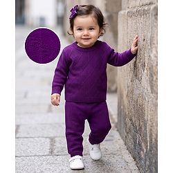 Babyhug Full Sleeves Sweater Set With Chevron Knitting Design - Purple