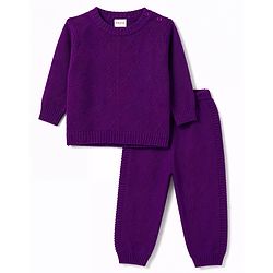 Babyhug Full Sleeves Sweater Set With Chevron Knitting Design - Purple