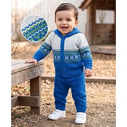 Babyhug Knit Full Sleeves Striped Hooded Sweater Set with Floral Design - Blue