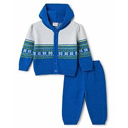 Babyhug Knit Full Sleeves Striped Hooded Sweater Set with Floral Design - Blue