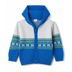 Babyhug Knit Full Sleeves Striped Hooded Sweater Set with Floral Design - Blue