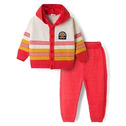 Babyhug Knit Full Sleeves Striped Sweater Set with Hood - Red