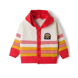 Babyhug Knit Full Sleeves Striped Sweater Set with Hood - Red