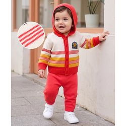 Babyhug Knit Full Sleeves Striped Sweater Set with Hood - Red