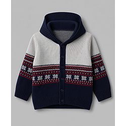 Babyhug Knit Full Sleeves Hooded Sweater Set with Abstract Design - Navy Blue