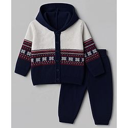 Babyhug Knit Full Sleeves Hooded Sweater Set with Abstract Design - Navy Blue
