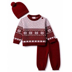 Babyhug Knit Full Sleeves Floral Designed Sweater Set with Cap - Wine
