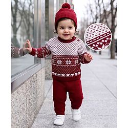 Babyhug Knit Full Sleeves Floral Designed Sweater Set with Cap - Wine