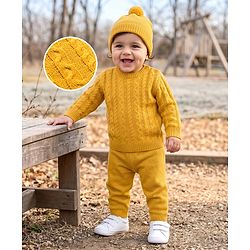 Babyhug Knit Full Sleeves Sweater Set With Cap & Cable Knit - Mustard