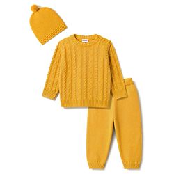 Babyhug Knit Full Sleeves Sweater Set With Cap & Cable Knit - Mustard