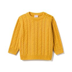 Babyhug Knit Full Sleeves Sweater Set With Cap & Cable Knit - Mustard
