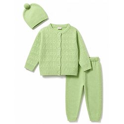Babyhug Knit Full Sleeves Solid Textured Sweater Set With Cap - Light Green
