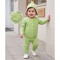 Babyhug Knit Full Sleeves Solid Textured Sweater Set With Cap - Light Green