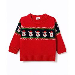 Babyhug Knit Full Sleeves Sweater Set With Santa Design - Red