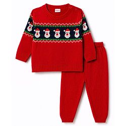Babyhug Knit Full Sleeves Sweater Set With Santa Design - Red