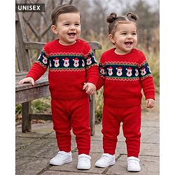 Babyhug Knit Full Sleeves Sweater Set With Santa Design - Red