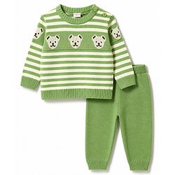 Babyhug Knit Full Sleeves Striped Sweater Set With Bear Design - Green