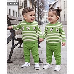 Babyhug Knit Full Sleeves Striped Sweater Set With Bear Design - Green
