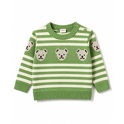 Babyhug Knit Full Sleeves Striped Sweater Set With Bear Design - Green