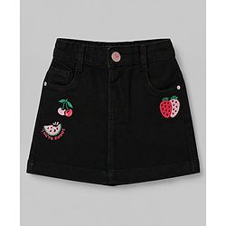 Babyhug Denim Mid Thigh Tropical Theme Embroidered Skirt With Stretch - Black