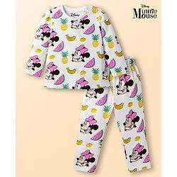 Babyhug Disney Single Jersey Knit Full Sleeves T-Shirt & Pyjama Night Suit with Minnie Mouse Print - White