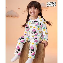 Babyhug Disney Single Jersey Knit Full Sleeves T-Shirt & Pyjama Night Suit with Minnie Mouse Print - White