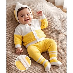 Babyhug Knit Full Sleeves Striped Sweater Set With Cap & Booties - Yellow